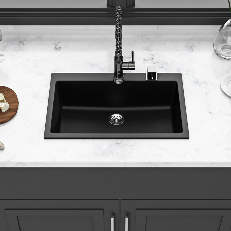 Quartz Composite Sink 33X22", Black Granite Style, And Long-Lasting, Minimizes Dirt Mess, Facilitates Quiet Hygienic Use Maintenance Stable, Function