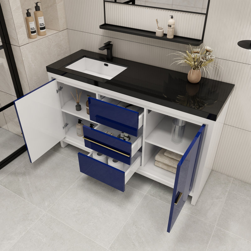 Ensemble de meuble-lavabo simple 60 po Valerieann, Bleu nuit ultrabrillant