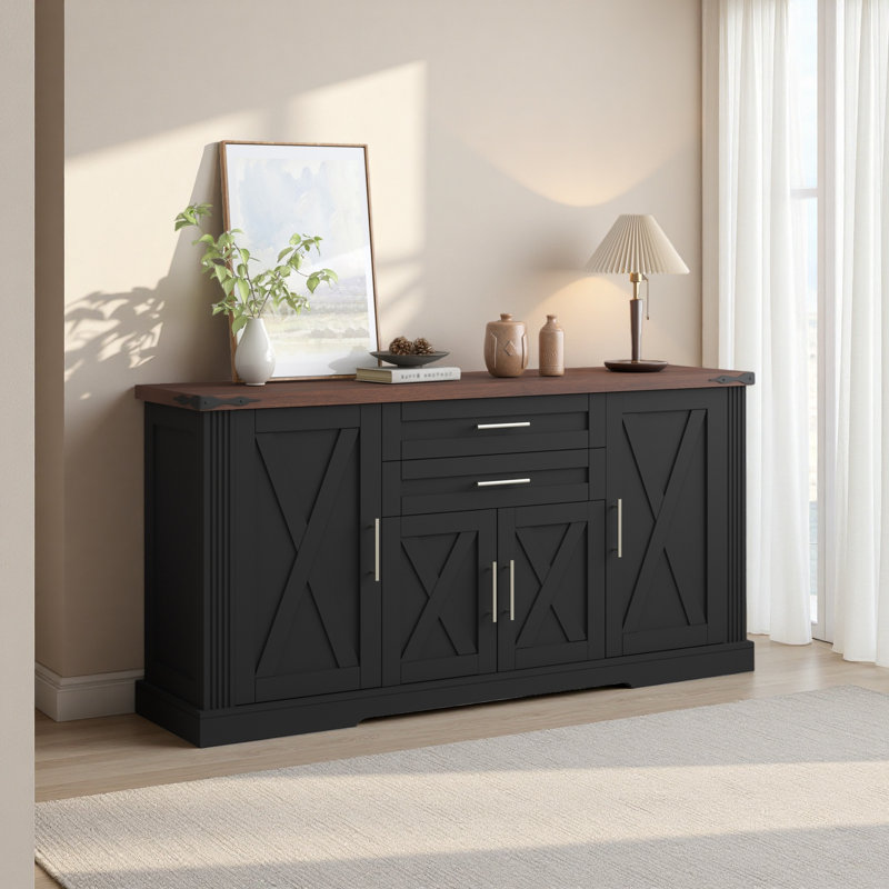 63" Farmhouse Barn Door Storage Cabinet With 2 Drawers & Door Rack, Large Buffet Table Coffee Bar Cabinets With Adjustable Shelves For Kitchen, Living Room, Entryway, Dining Room