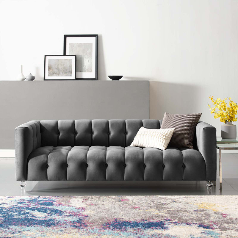 Mesmer Channel Tufted Button Performance Velvet Sofa, Charcoal