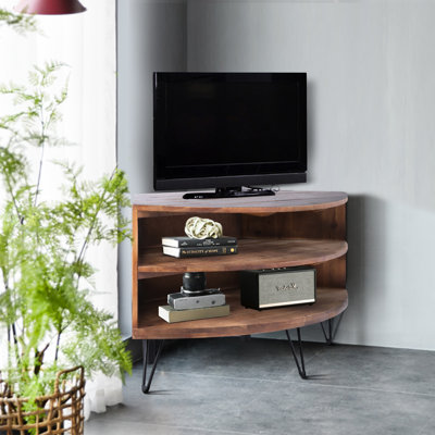 Living Room Fan Shape Reclaimed Wood Corner Media Shelf - & Tidy Fits Any Ornamentation 42.85 In Depth X 20.95 Width 24.23 Height 29.76 Lb Weight Console Table Construction Easy To Keep Style 42.85"