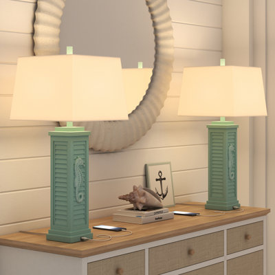 Sea Horse Shutter 32” Coastal Resin Lamp with USB Port 3-Way Switch