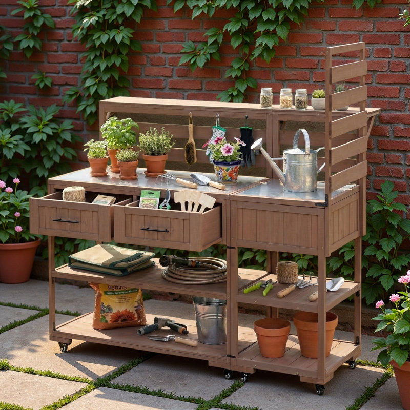 Îlot de cuisine pour patio avec plateau en acier inoxydable, tablette surélevée, tiroirs et tablettes ouvertes, Brun