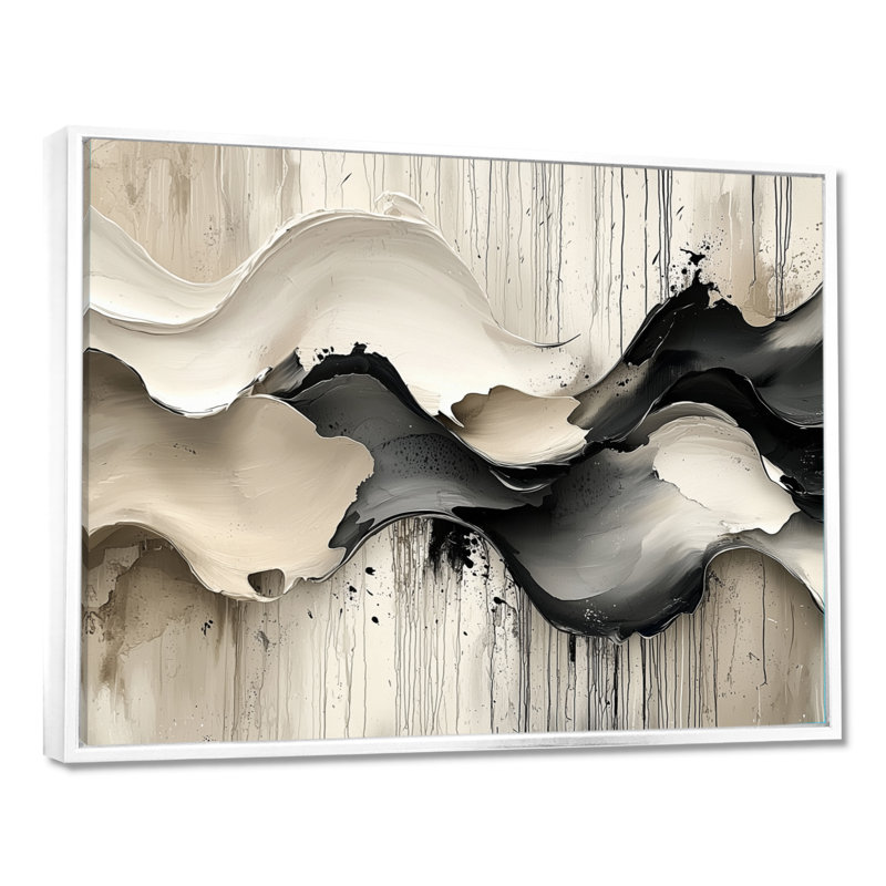 Gris sur fond blanc l'encre rythmique de la rivière Ink II - vagues modernes abstraites, H 12 po x l 20 po