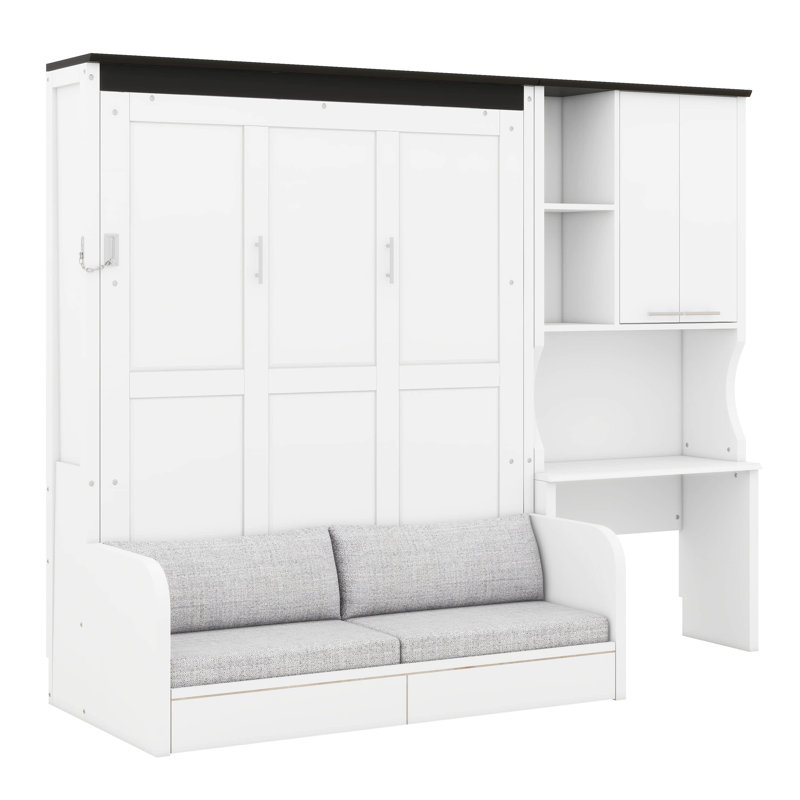 Lit escamotable double pleine grandeur avec canapé, bureau et armoire de rangement, lit escamotable mural en bois massif