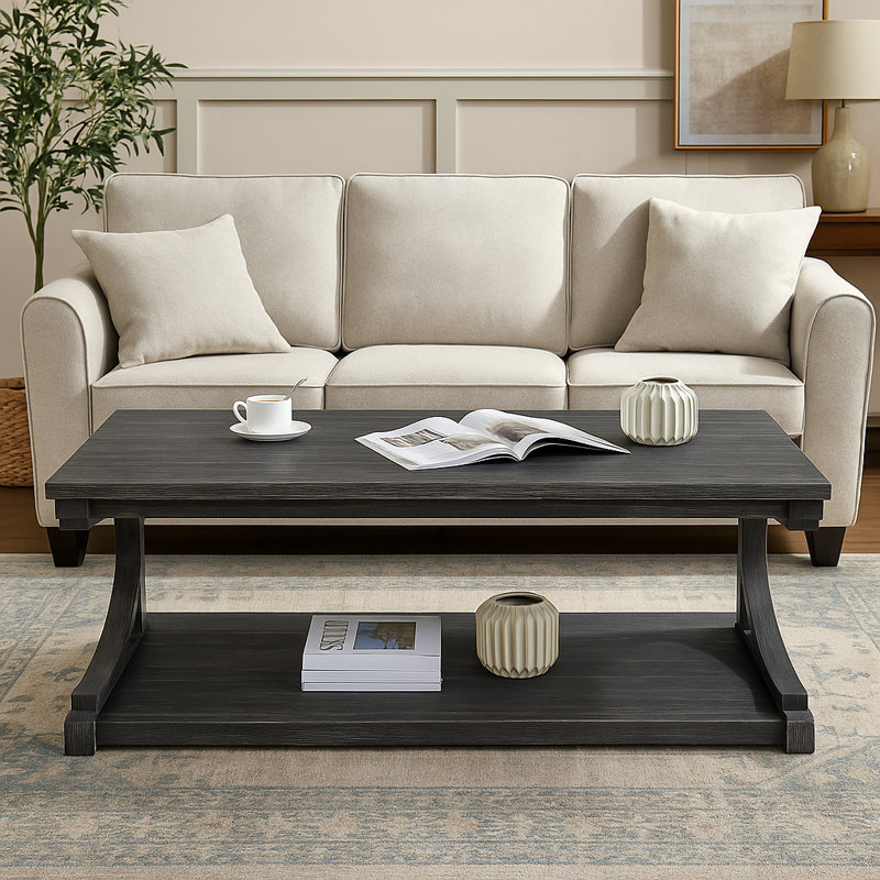 Modern Rectangular Coffee Table With Open Shelf, Waterproof Top & Curved Wood Legs, Black