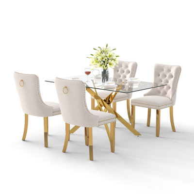 Ensemble de table de salle à manger rectangulaire en verre trempé, table de salle à manger de luxe avec chaise de salle à manger en velours capitonné