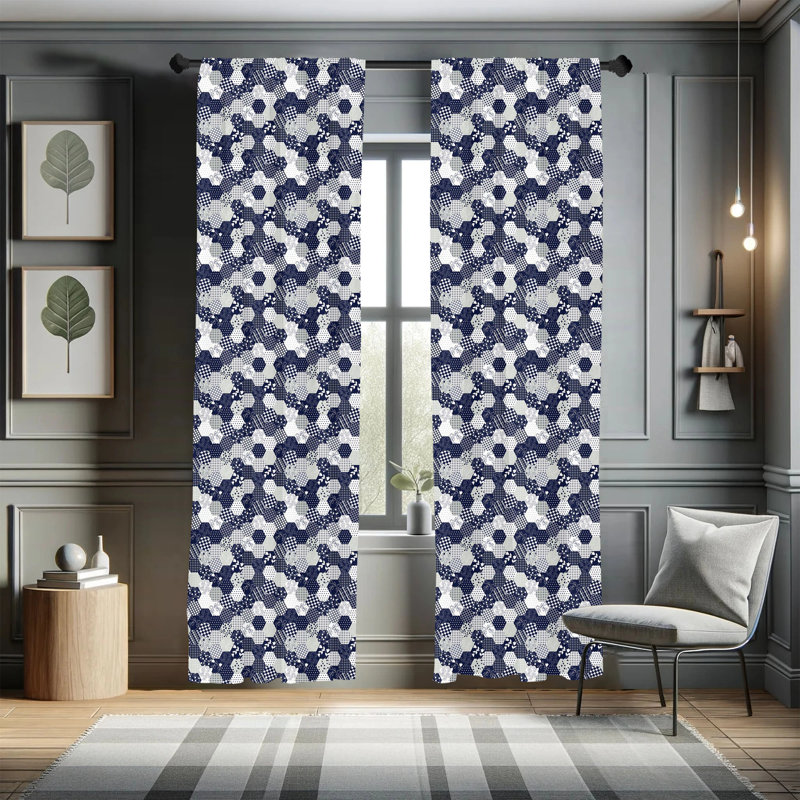 Navy and White Patchwork Rod Pocket Light Filtering Curtain Panels