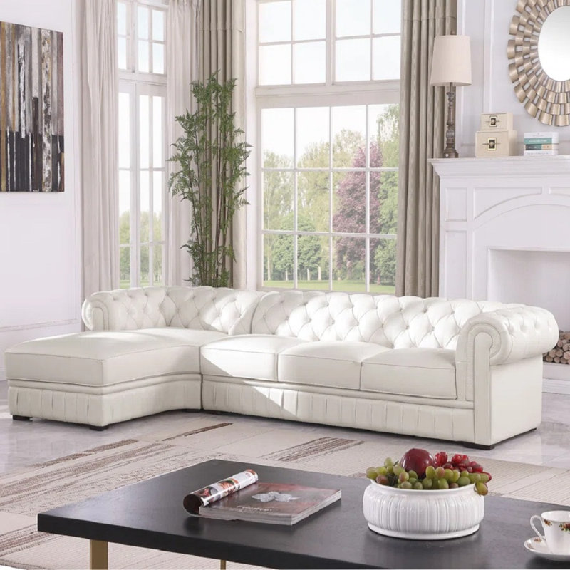 Nivaldo 132.5"  Button Tufted Genuine Cowhide Leather Classic Chesterfield Living Room Sectional, Beige Genuine Leather