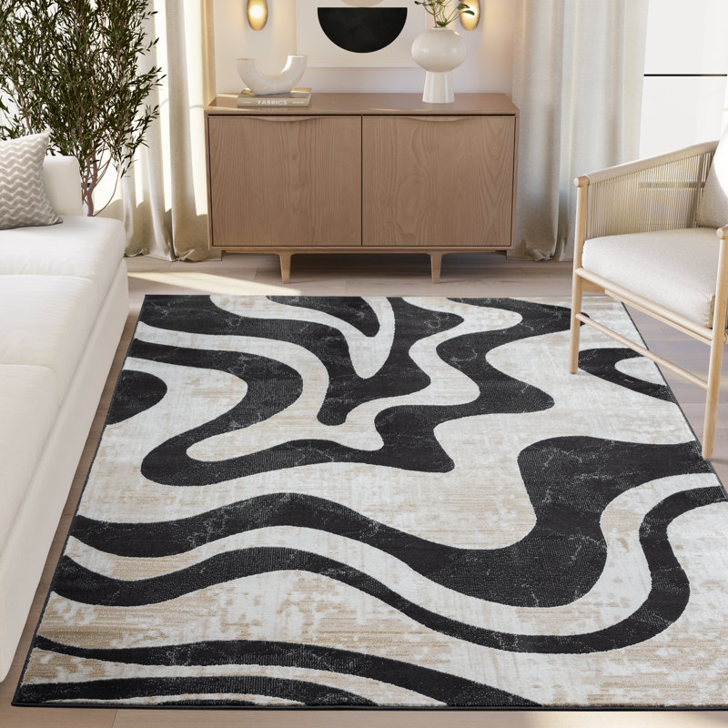 Abani Rugs TER200A Beige Black Swirl Modern Area Rug, Rectangle 7'9" x 10'2"