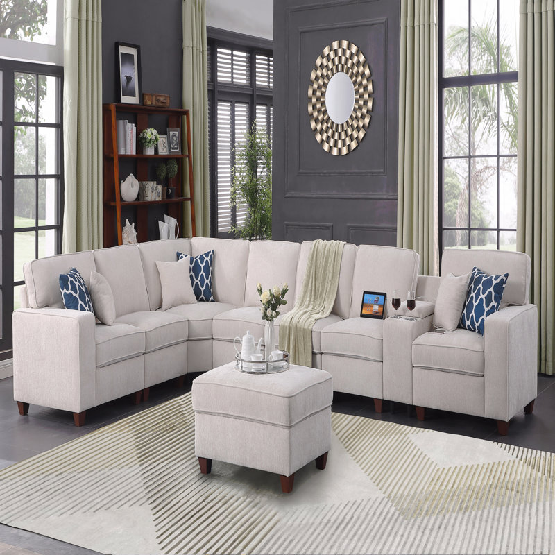 Canapé modulaire avec repose-pieds, Chenille - Beige, 35 po H x 162,25 po L x 99,25 po P