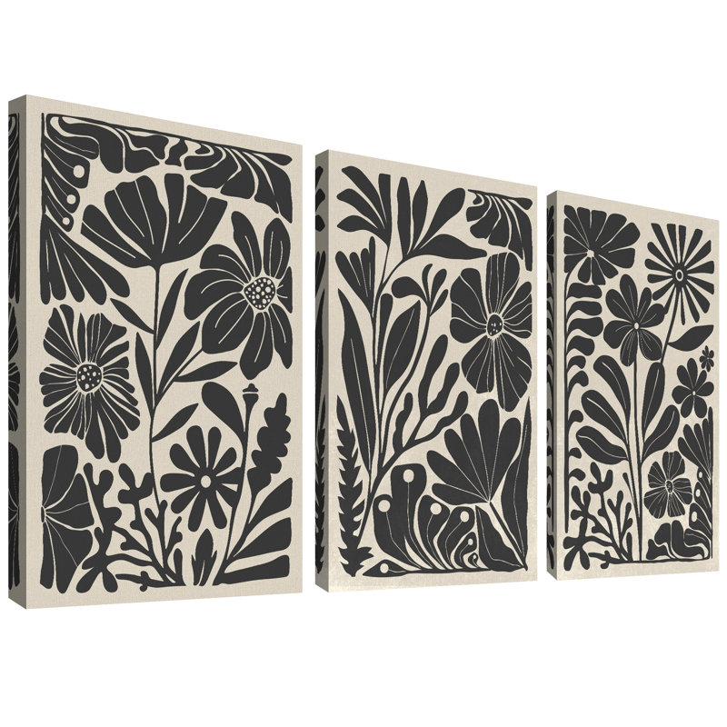 Abstrait botanique, art floral bohème noir et beige, photos murales de salon de style Mid-Century moderne, impression sur toile encadrée, 3 pièces, 16 po x 24 po x 3 pièces, 24 po x 36 po x 3 pièces, 20 po x 60 po x 3 pièces