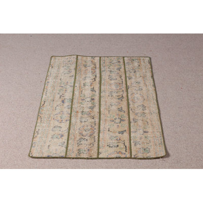 Small Vintage Beige Wool Turkish Rug Patchwork Crafted For Eclectic Interior Design Artistry