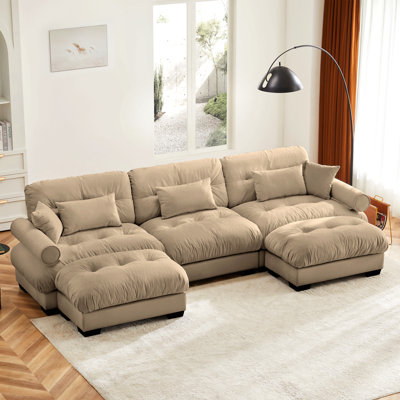 Canapé modulaire en U pour salon confortable avec canapé-lit modulaire avec deux repose-pieds amovibles, canapé d'angle moderne à 3 places avec coussins de taille, coussins décoratifs et accoudoirs à alvéoles, canapé convertible pour salon, chameau