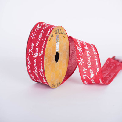  2.5" x 10 yard Red Woven with White Printed Holiday Greetings Wired Edge Ribbon