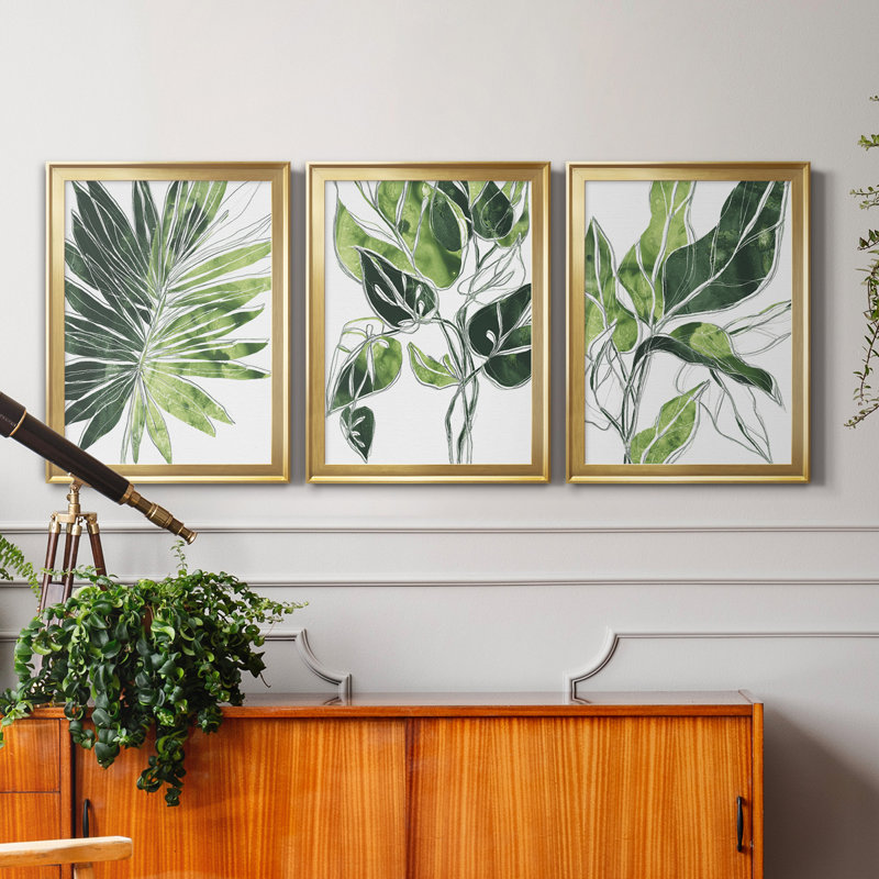«Expressive Palm I», ensemble de 3 impressions sur toile encadrées, H 26,5 po x l 109,5 po x P 1,5 po, Doré