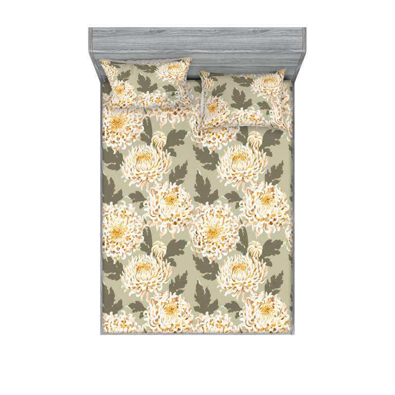 Drap-housse et taies décoratives 3 pièces Ambesonne, Moutarde / motif floral vert pistache