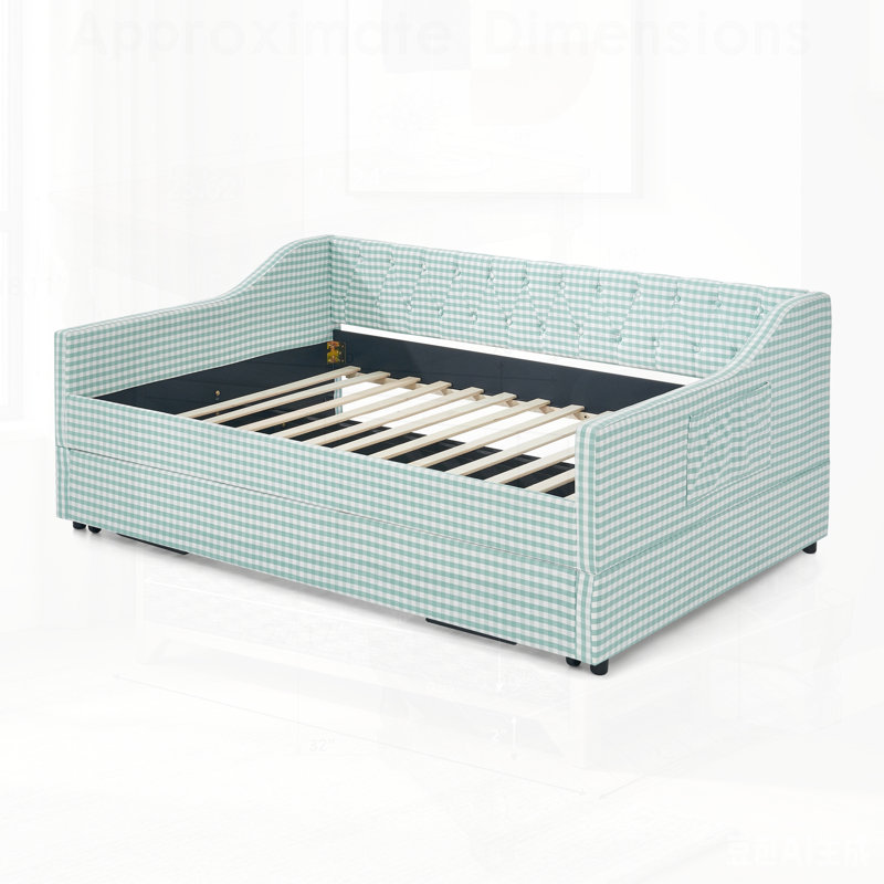Upholstered Convertible Daybed with Tufted Button Backrest, 3-in-1 Versatile Sofa Bed with Pull-Out Trundle & Side Storage, Perfect for Compact Living