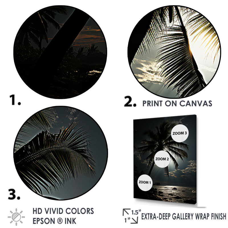 Palmier au clair de lune ébène sur toile, H 40 po x l 30 po x P 1,5 po, Cadre flottant noir