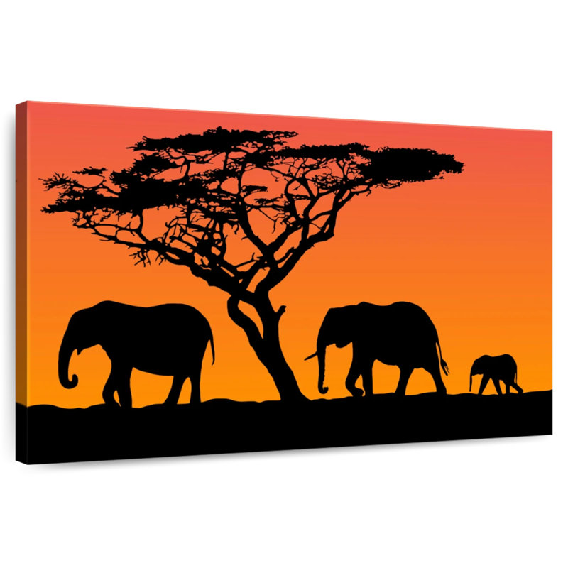 Orange Sunset Elephants, 24" H x 36" W