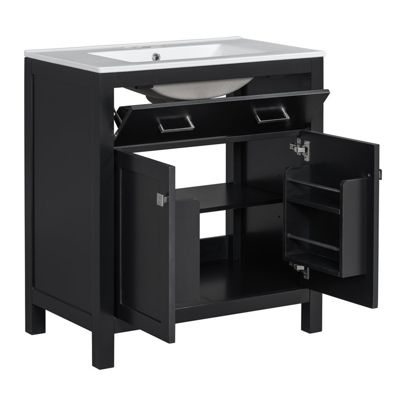 60" Black Bathroom Vanity With Double Ceramic Sinks, Adjustable Shelf, Quiet Closing Doors, Flip Drawer - Peaceful Furniture, Quietly Tranquil Nook