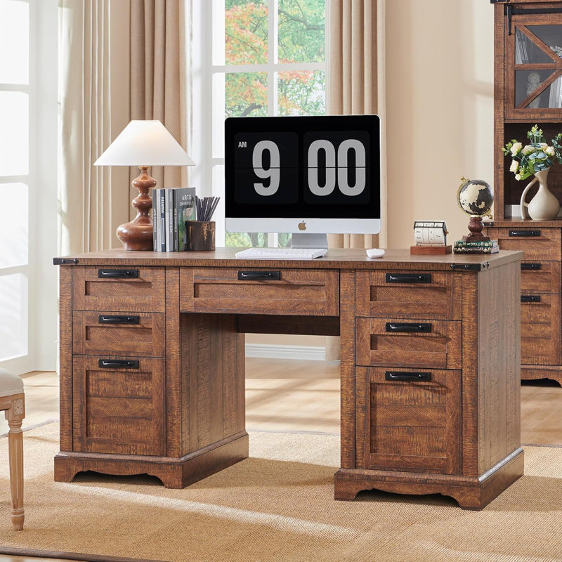 Deserey 60" W Farmhouse Solid and Manufactured Wood Executive Desk with Charging Station, Reclaimed Baenwood