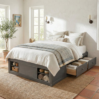 Platform Bed Frame With 4 Storage Drawers And Footboard Storage Cubby