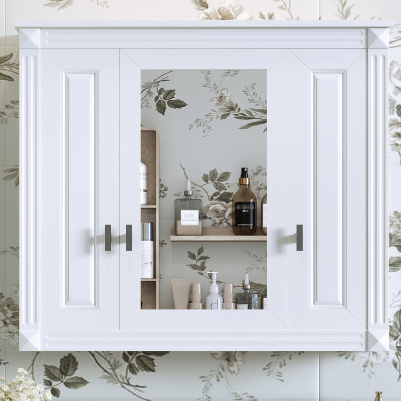 Armoire murale de salle de bain avec 4 tablettes et miroir, blanc, porte de miroir blanche pratique