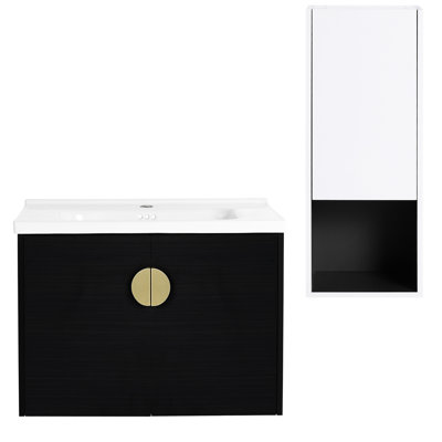Bathroom Vanity With Ceramic Sink And Side Unit - 24" Black Chestnut Style