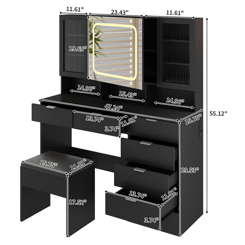 Ensemble de coiffeuse avec miroir lumineux à DEL, Noir, noir, noir, noir, Argent argent