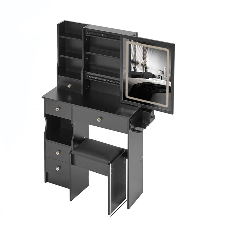 Commode de table 29,2 po avec tabouret rembourré, Noir
