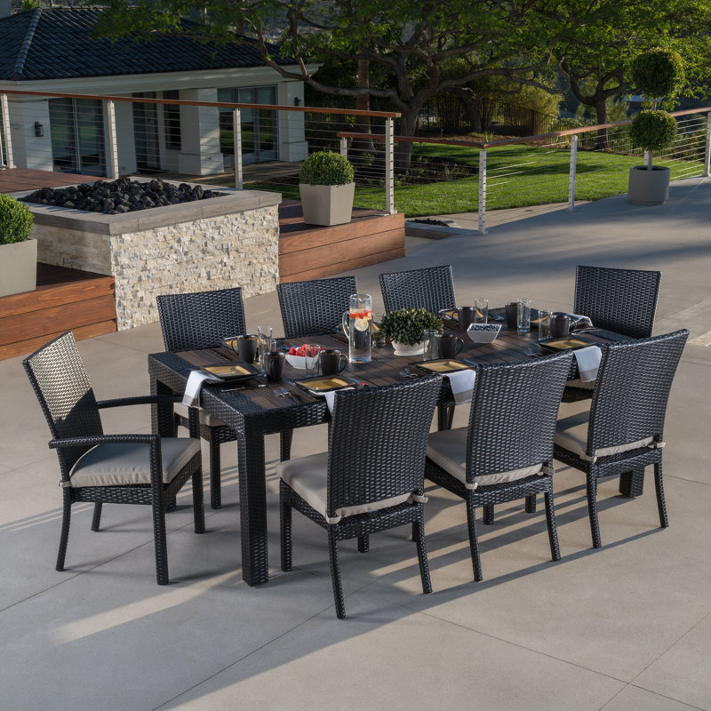 Cannes 9 Piece Dining Set with Cushions, Brown/Black Frame/Charcoal Gray Cushion