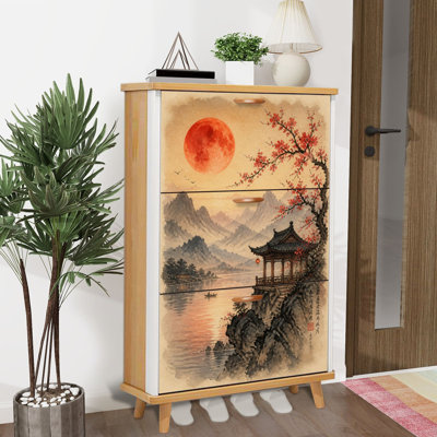 Shoe Storage Cabinet with 3 Flip Drawers for Traditional Chinese Landscape Pagoda Red Moon Cherry Blossoms Shoe Rack Storage Organizer