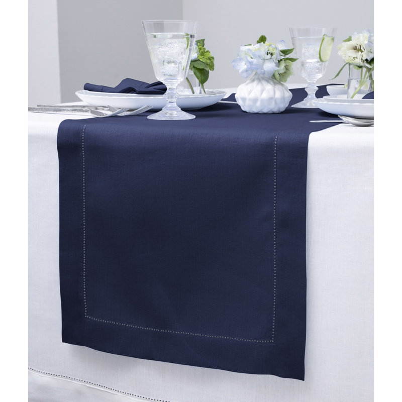 100% Pure Linen Hemstitch Table Runner, 108" x 14", Navy, Solid Color