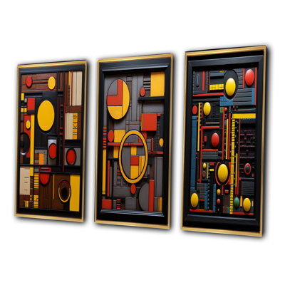 "Géométrie rétro en jaune et rouge", 3 pièces sur toile