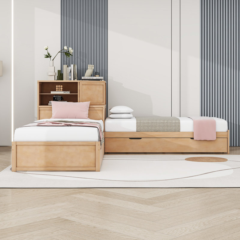 Twin L-Shaped Platform Bed with Built-in Desk, Twin Trundle and 2 Drawers, Natural