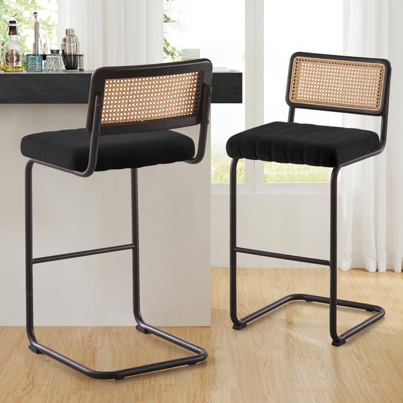 Krystalin Velvet Upholstered Cane Back Stool, Black, Black, Bar Stool (30” Seat Height)