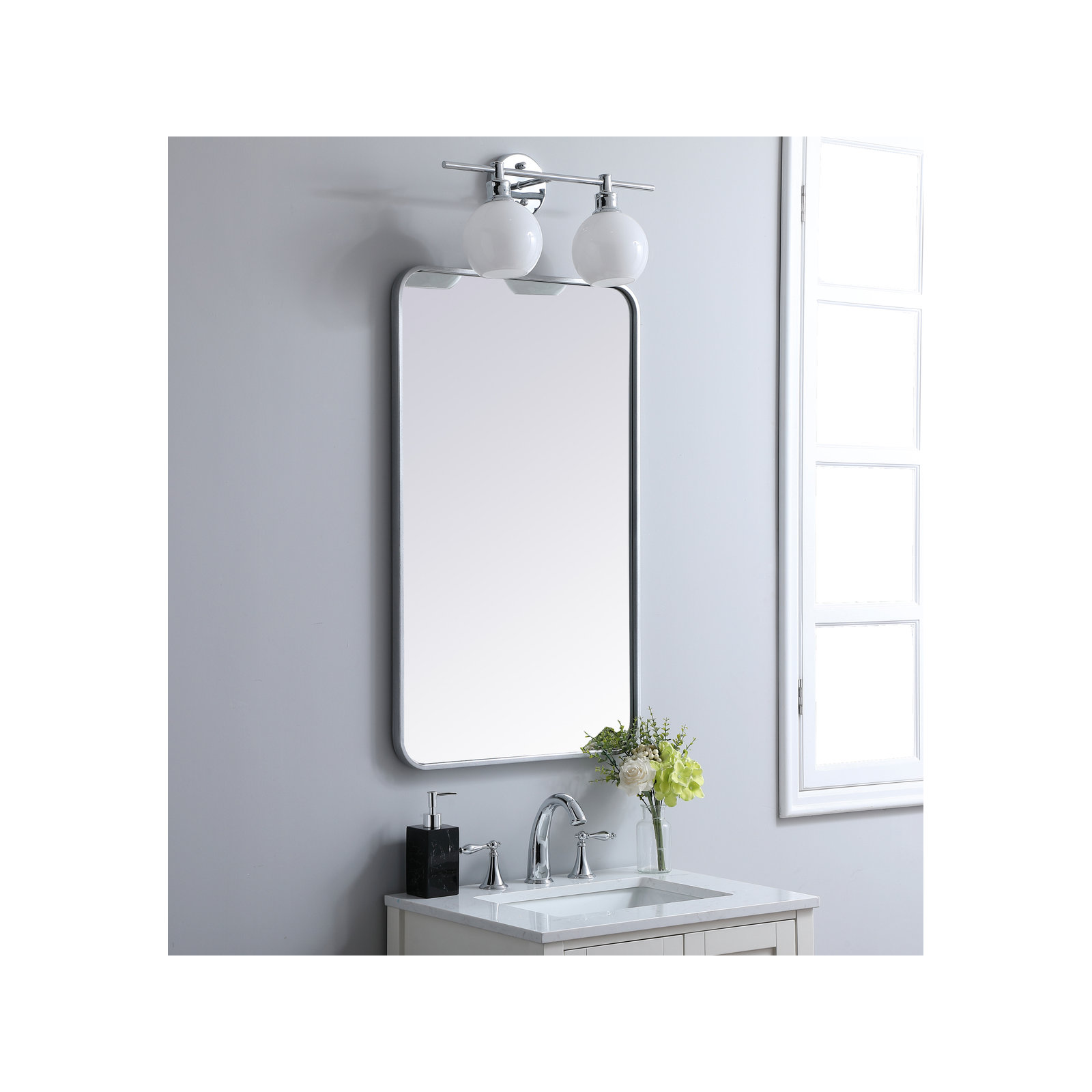 Sabine Metal Rounded Rectangle Wall Mirror, Silver, 36" x 22"
