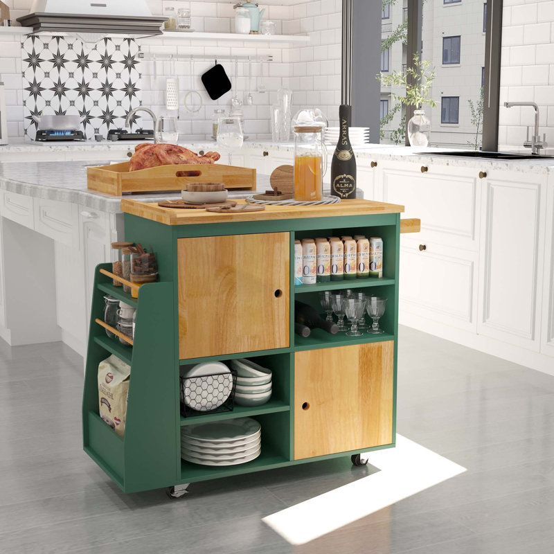 Chariot pour îlot de cuisine, bar de cuisine et chariot de service sur roulettes avec support à épices, Vert antique