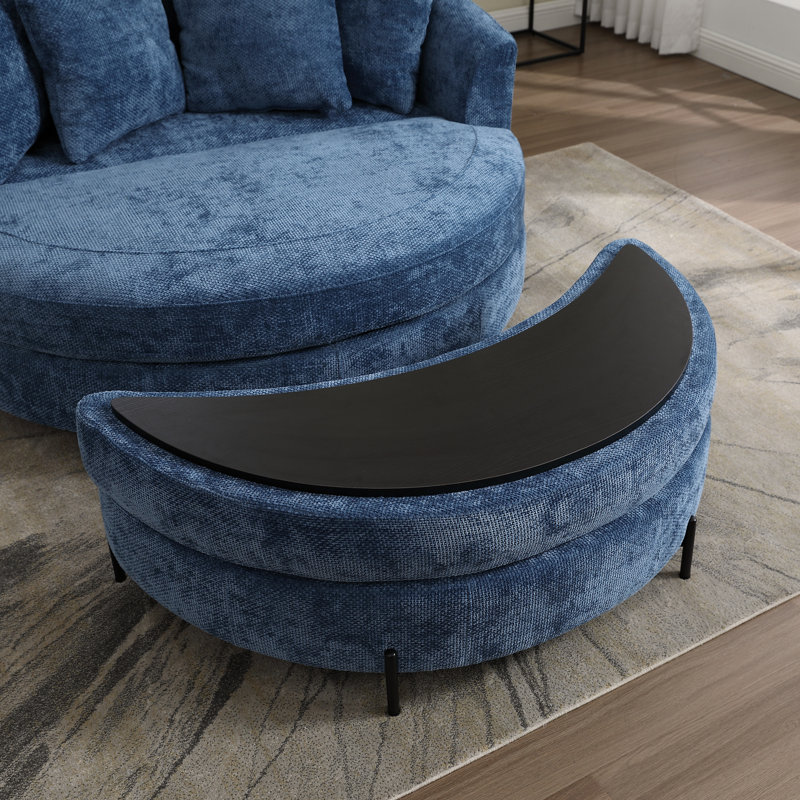 Upholstered Barrel Chair With Ottoman, Blue Chenille