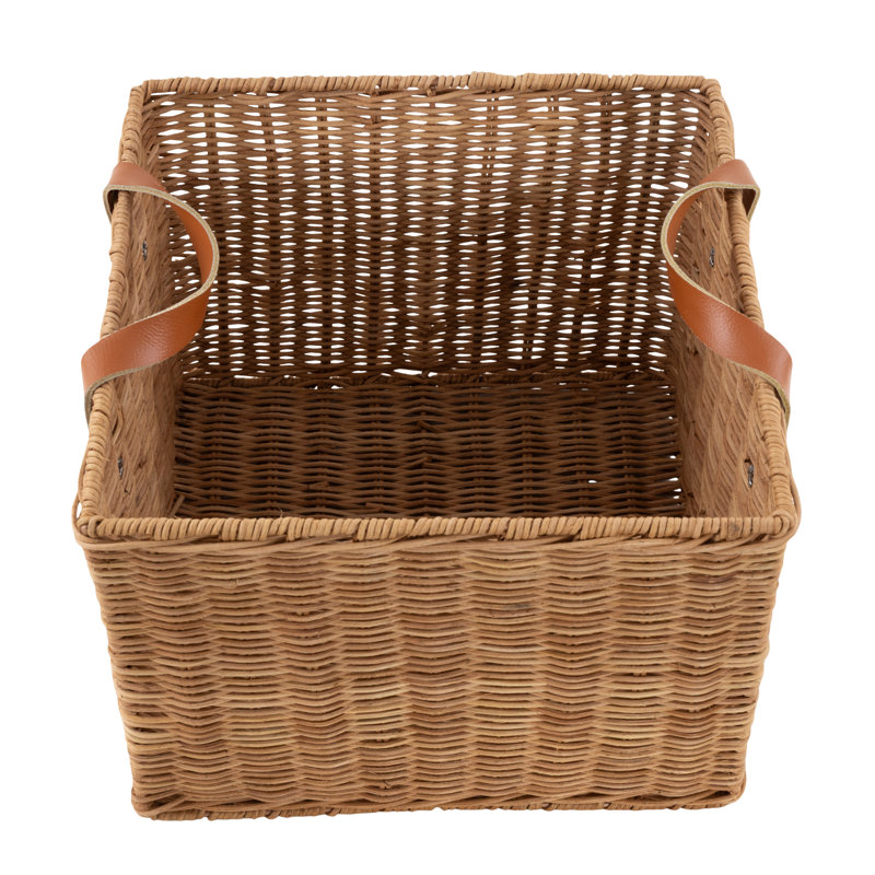 Cole and Grey Rattan Handmade Woven Brown Decorative and Functional Storage Basket with Leather Handles