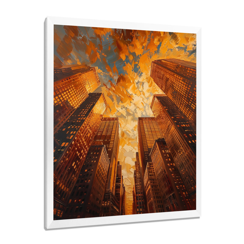 «Golden Perspective», gratte-ciel symphonie I - art mural gratte-ciel, Toile encadrée blanche avec une seule photo