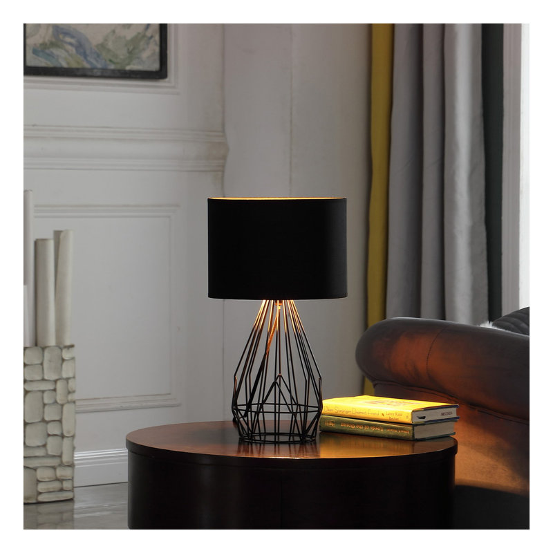 17.5'' Industrial Farmhouse Metal Cage Table Lamp, Black Metal Table Lamp with Rose Copper Lining Cotton Linen Drum Shade for Living Room Bedroom