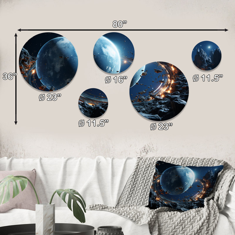 «Blue Planets Distorsion», ensemble d'art mural rond sur 5 planètes spatiales