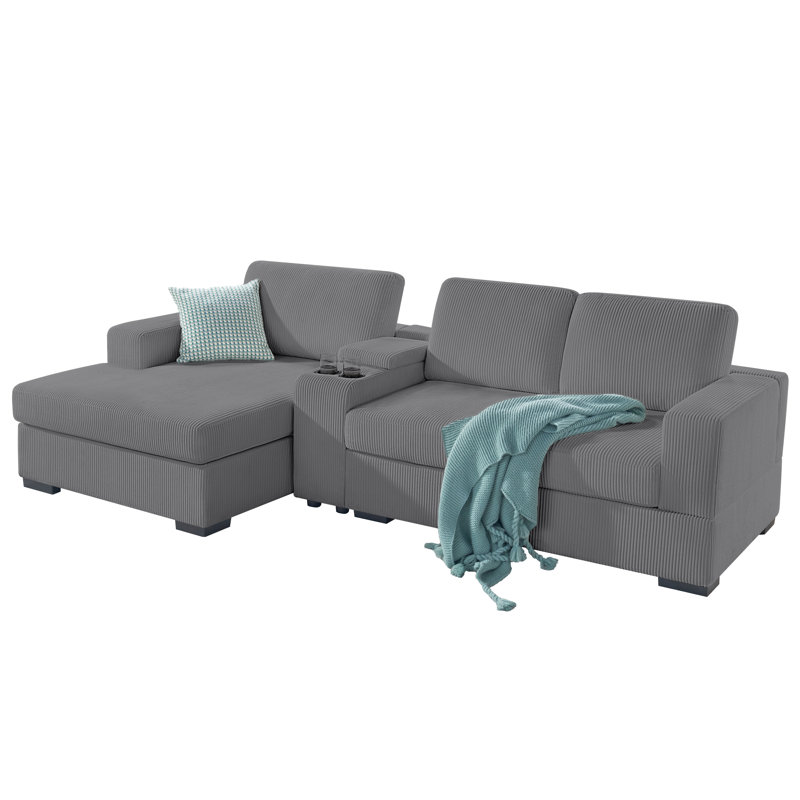 Grey 106-Inch L-Shaped Sofa with Left-Facing Chaise Lounge, Oversized Comfy Couch with Storage Console & Charging Socket
