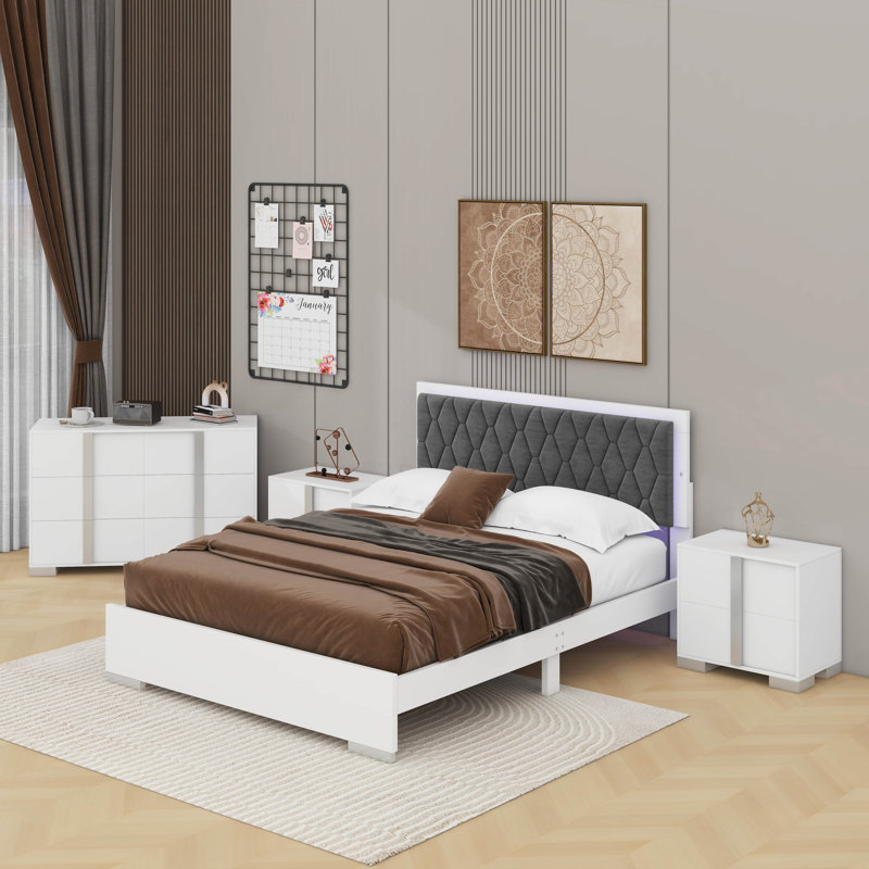 Ensemble de chambre à coucher 4 pièces avec grand lit tapissier avec lumières DEL, tables de chevet et commode, Blanc