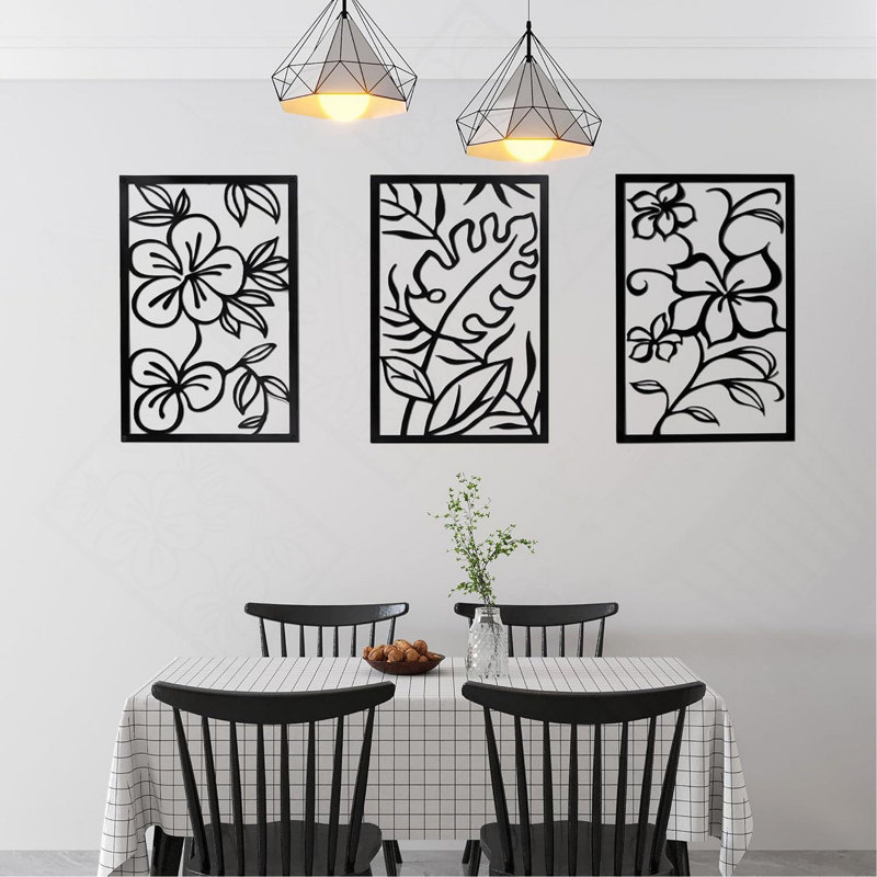 Ensemble de 3 décorations murales, motif floral abstrait, cadre métallique noir