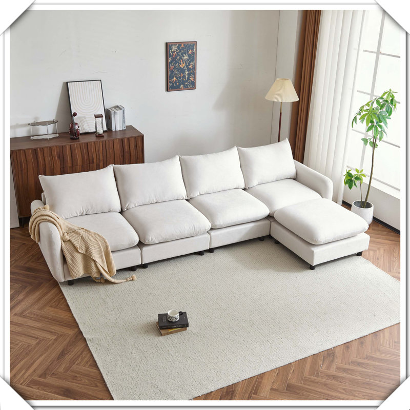 Canapé modulaire surdimensionné en L avec repose-pieds 5 pièces, H 34 po x l 67 po x P 130 po, Blanc, 5