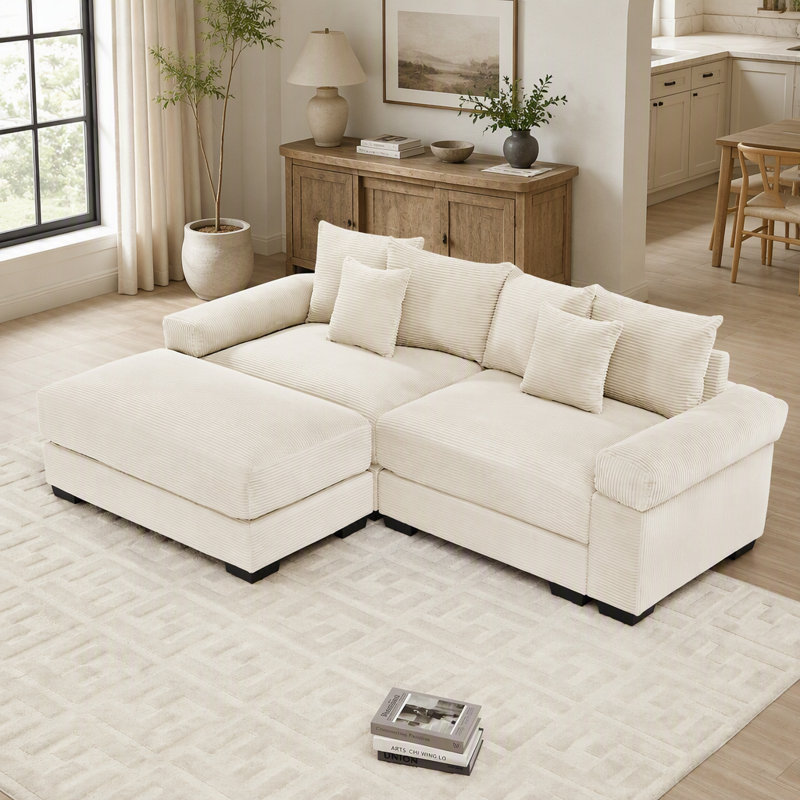 Canapé d'angle modulaire Cloud surdimensionné de 234 cm (92 pouces) avec pouf, tissu velours côtelé doux, assise profonde, larges accoudoirs, design ergonomique, 6 coussins décoratifs, montage facile, couleur crème