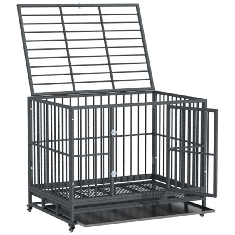 Gray Medium Rolling Steel Dog Crate with Wheels
